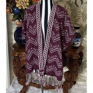 Fresh Fringed Zig Zag Shawl Poncho Wrap Sz Large Southwestern Boho Chic Burgundy